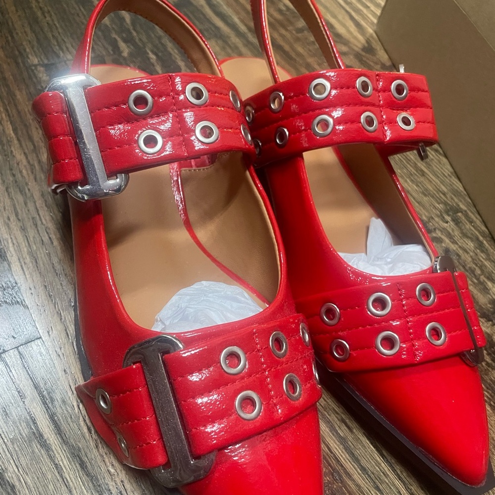 Red Patent Pointed Slingback Flats with Buckle Detail - Picture 8 of 8